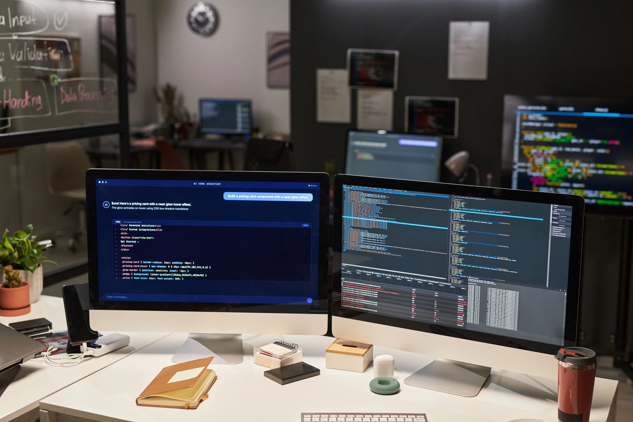 Technology workspace with development monitors and enterprise systems
